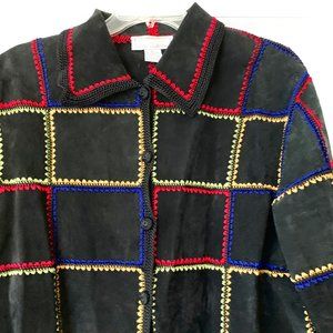 S.M.H. Boutique Black Leather Jacket with Colorful Patchwork Stitching Sz XL